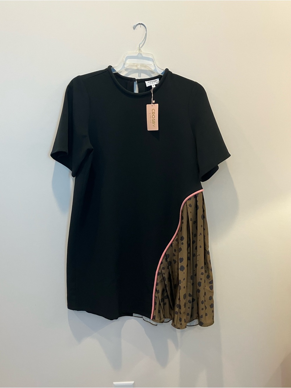 crosby. Black Mini Dress with Olive Printed Pleat and Pink Trim